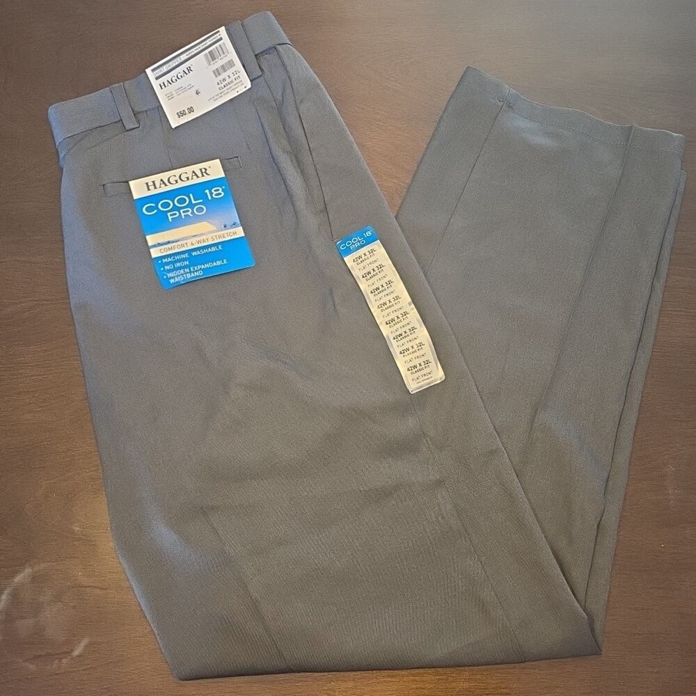Mens Haggar Cool 18 Pro Classic Fit Flat Front Dress Charcoal Pants Size 42W 32L